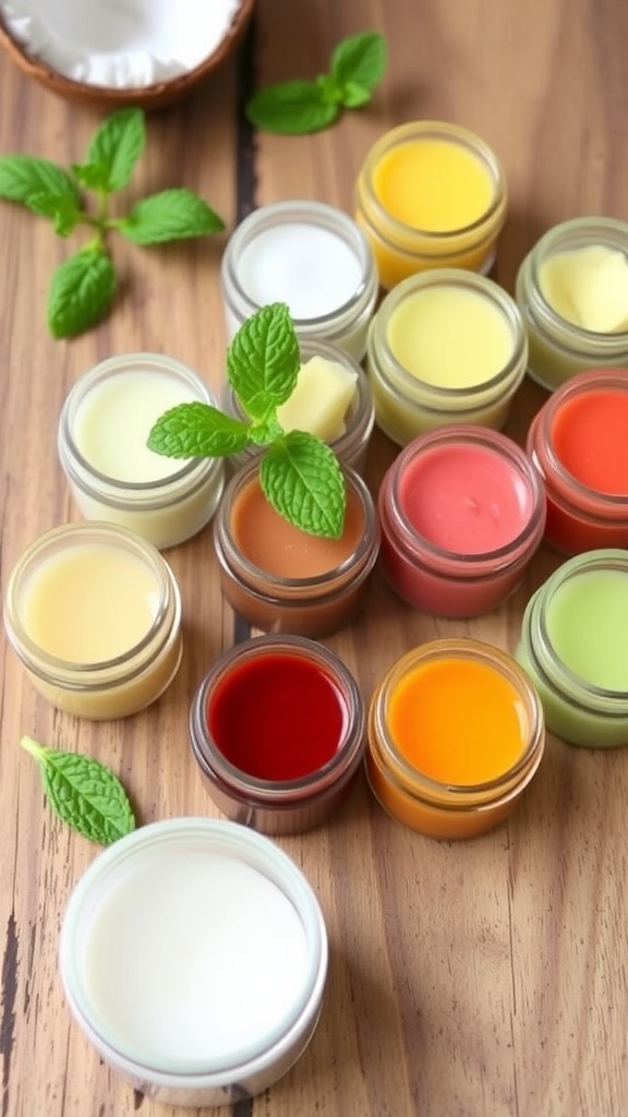 Natural Lip Balm Recipe for Juicy Lips Small containers of natural lip balm on a wooden surface with mint leaves and coconut oil.